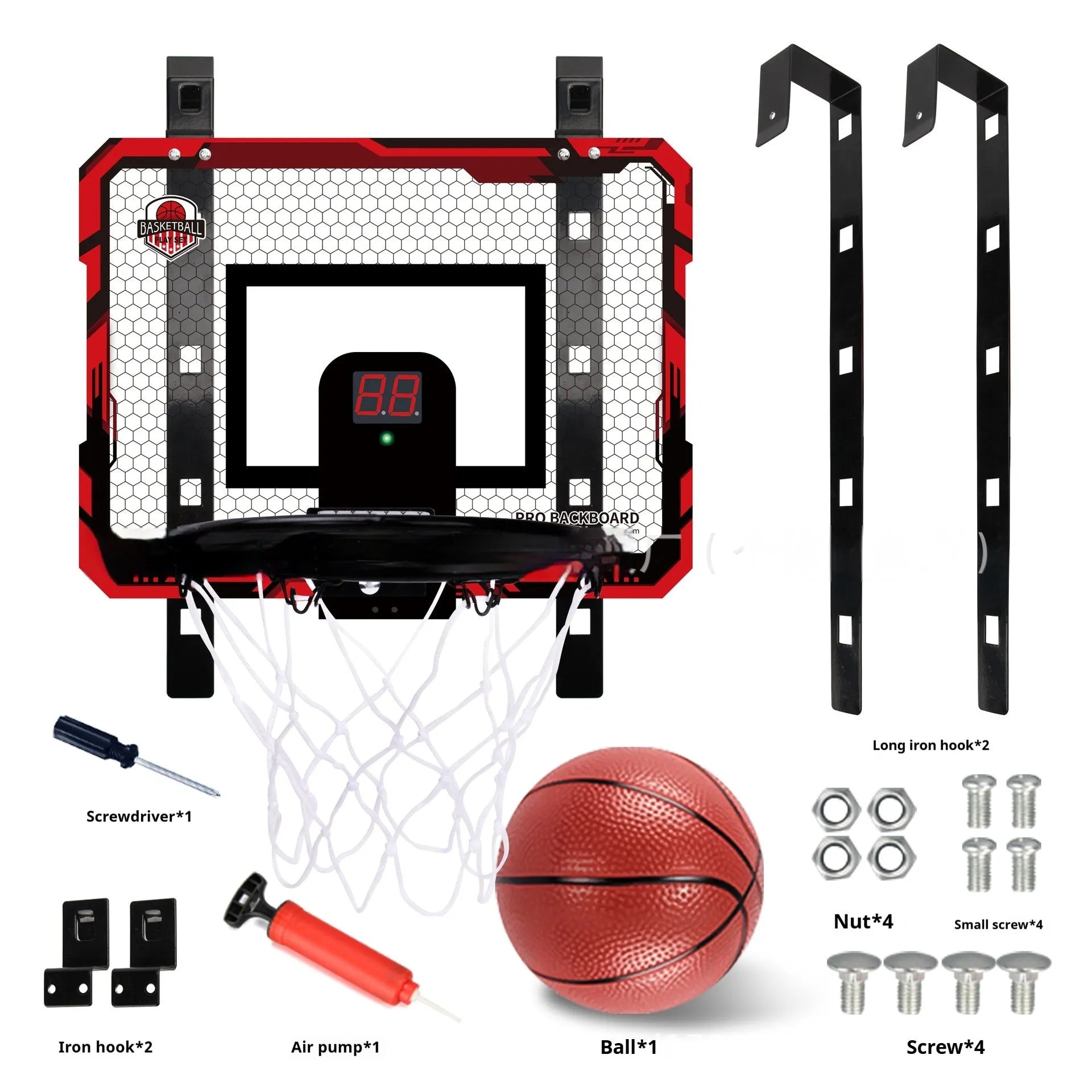 Red and blue folding basketball frame toy with suction cups mounted on a wall, shown with a basketball.