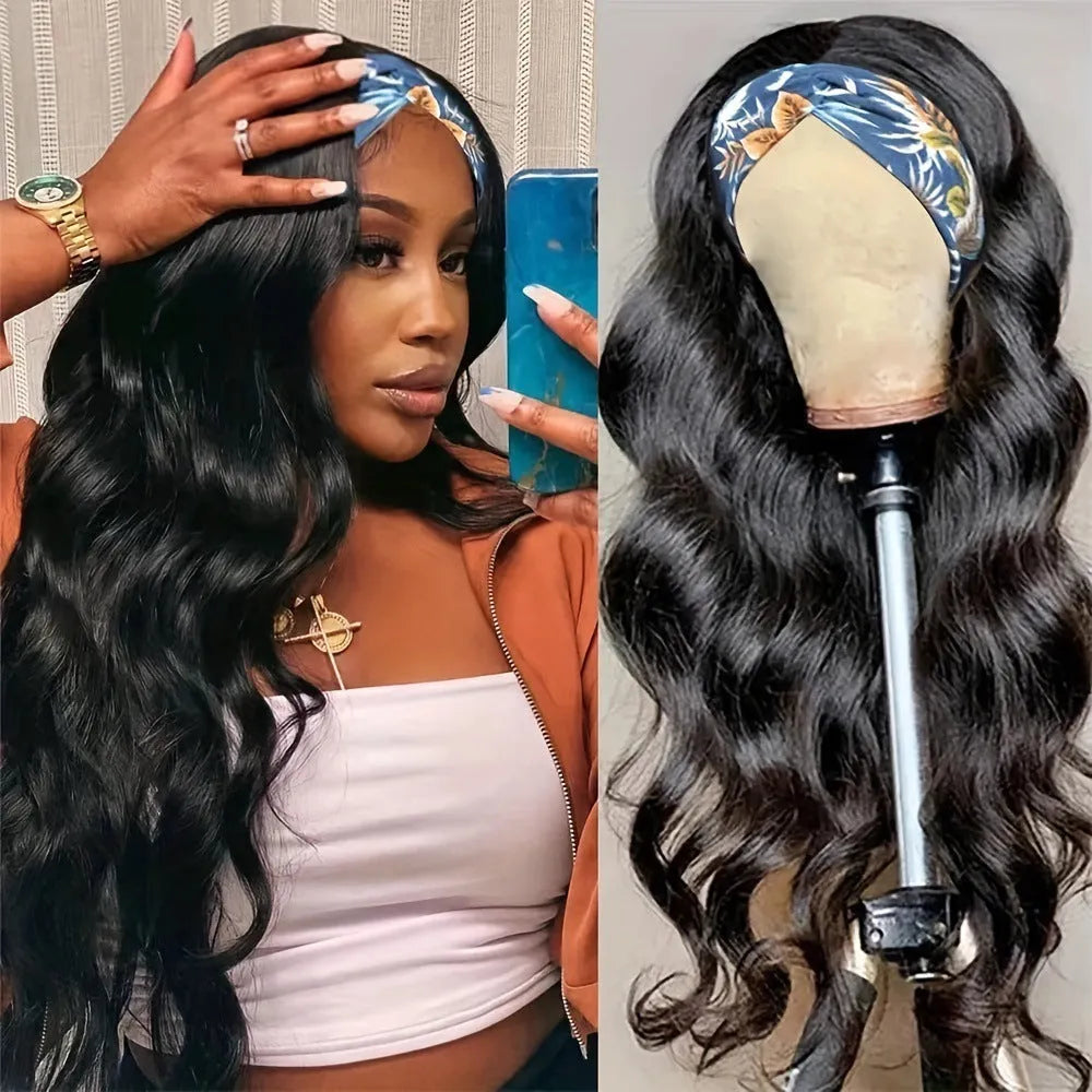 Headband wig in high-temperature fibre available in black straight, black curly, or wine red.