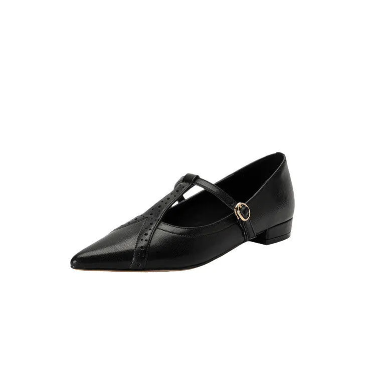 Brown women's cowhide leather flat shoes with round toe and 3-5cm mid-heel