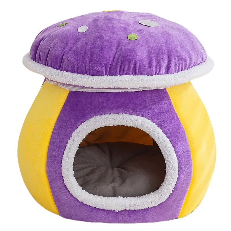 Mushroom-shaped cat bed with detachable plush blanket in grey, pink or purple colour