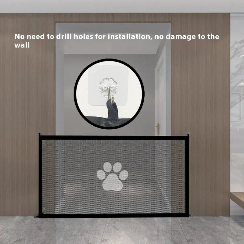 Portable folding dog safety barrier net with plastic rods in pet doorsill colours
