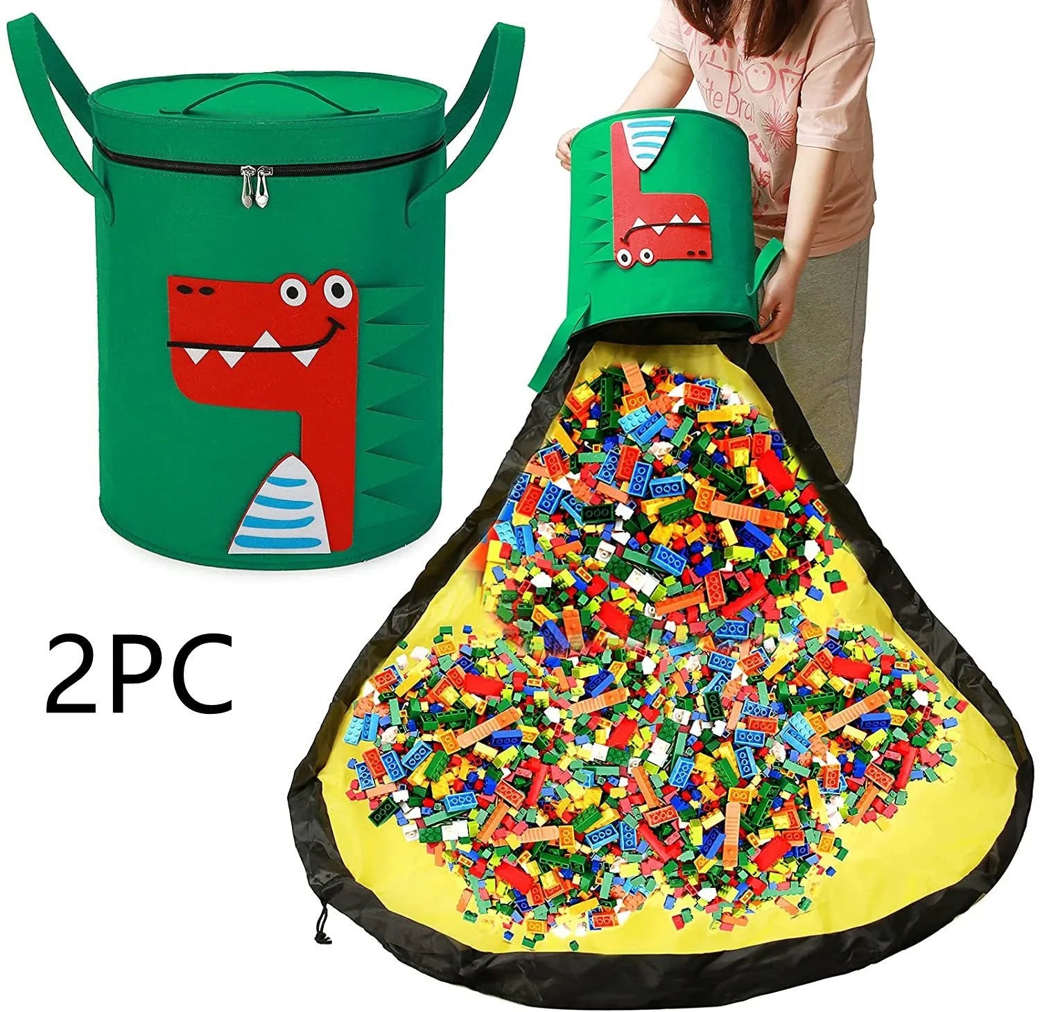 Green cube-shaped felt storage bag with a pull rope, shown as a toy organiser and play mat.