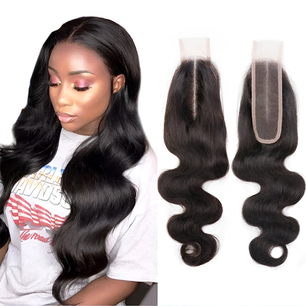 A woman wearing a straight, natural-coloured human hair wig, showcasing its length and realistic texture.