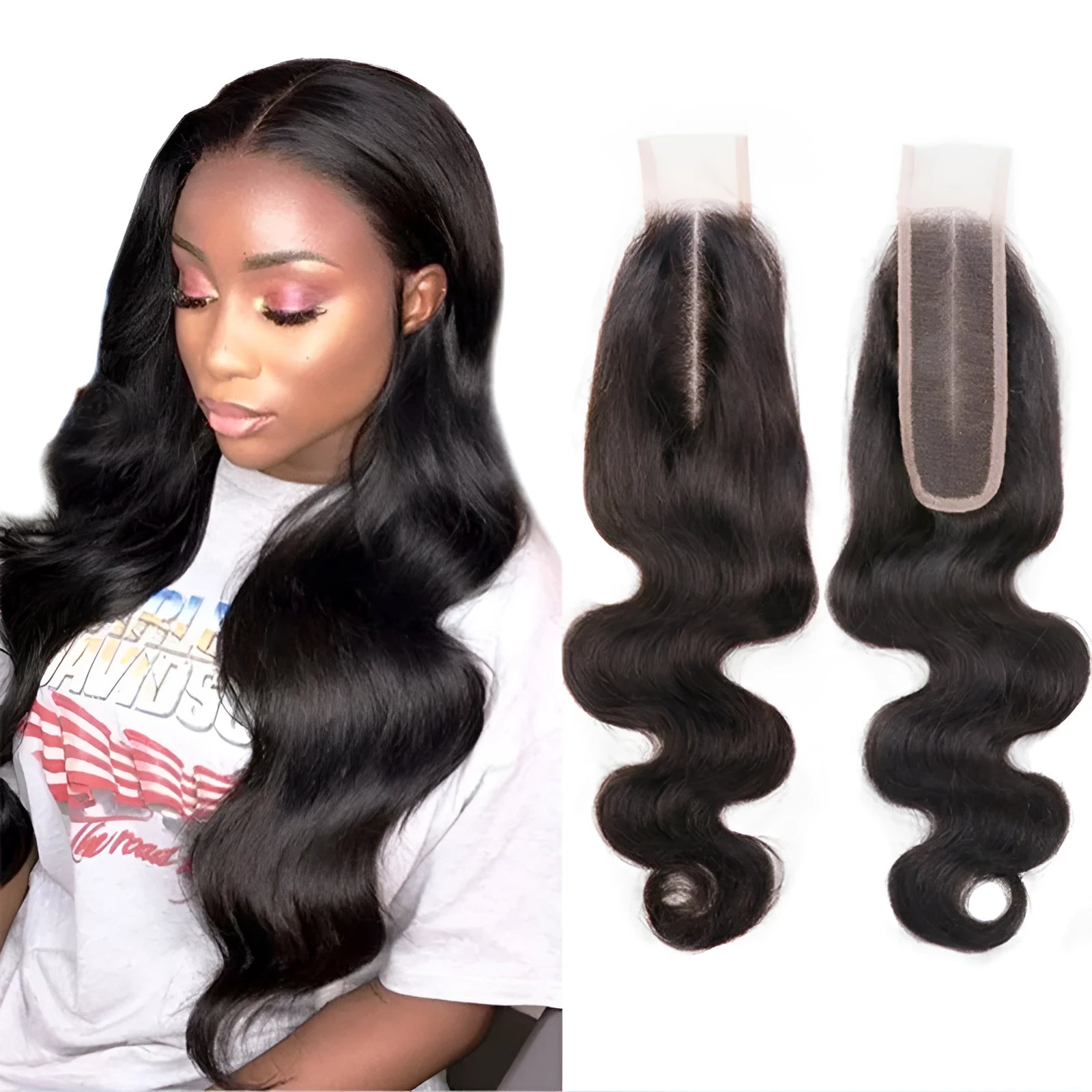 A woman wearing a straight, natural-coloured human hair wig, showcasing its length and realistic texture.
