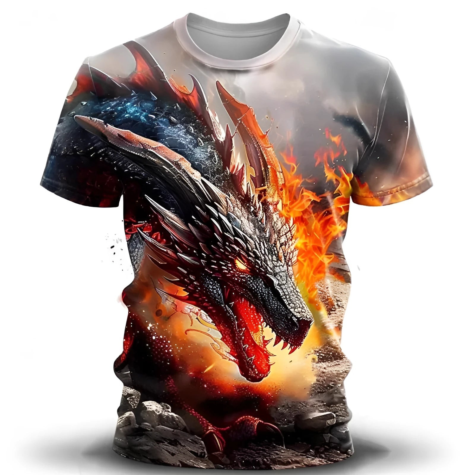 Men's grey T-shirt with 3D printed wind dragon design, short sleeves, and pullover style