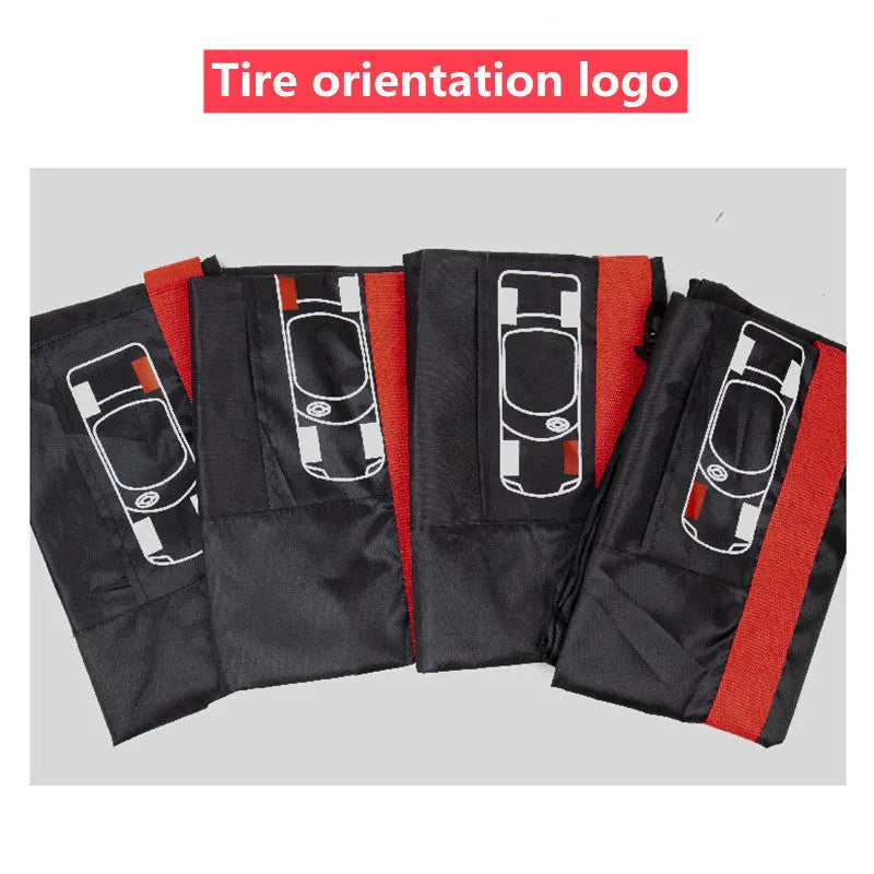 Oxford cloth 210D car tyre protective cover set of 4 in black belt style on a parked car