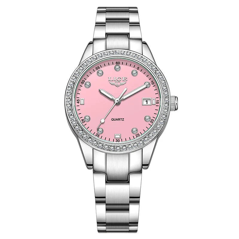 Women's silver fashion watch with diamond-encrusted bezel and luminous hands on 34mm stainless steel case