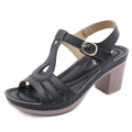 Women's patent leather thick heel sandals with round toe and metal buckle detail in apricot colour.