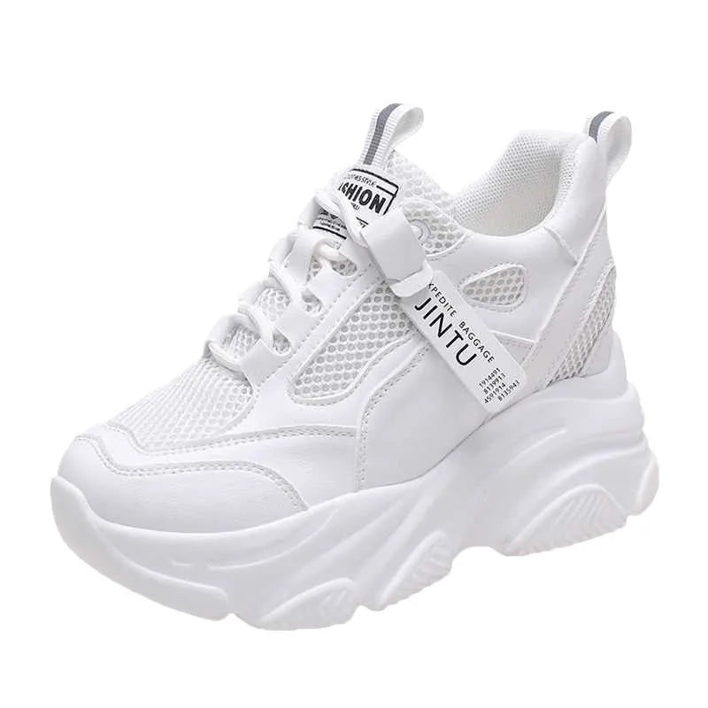 Women's black mesh platform casual shoes with hollow-out detail and a velvet-style lining.