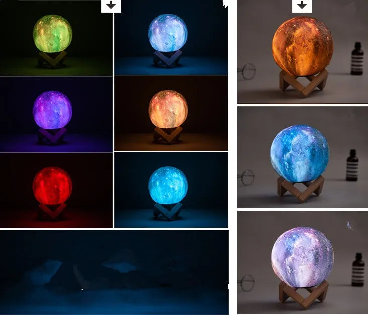 3D printed spherical lunar surface night light glowing with soft yellow and white LED light on a table.