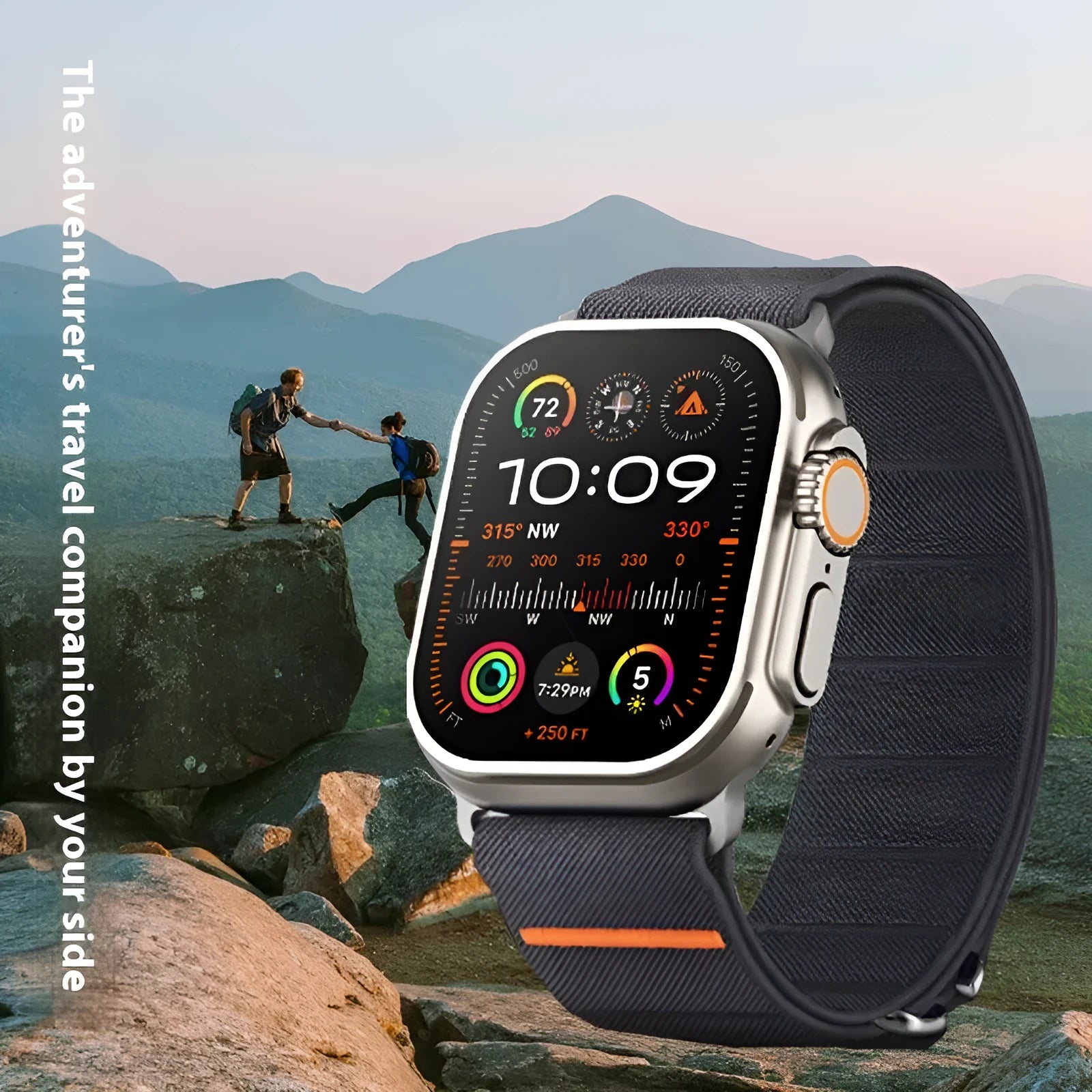 Elastic nylon Apple Watch replacement band with stainless steel buckle in various colours.