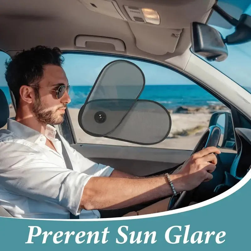 Black stretchy car window shade with suction cups attached to vehicle side window