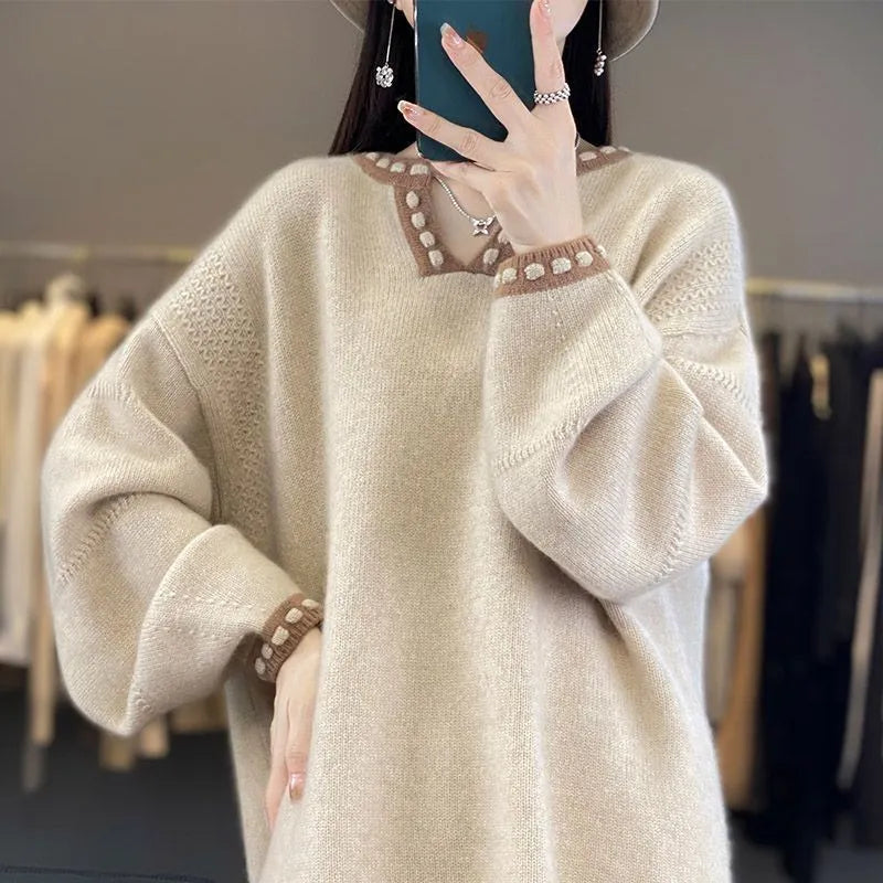 Women's V-neck pullover sweater in camel colour with long sleeves