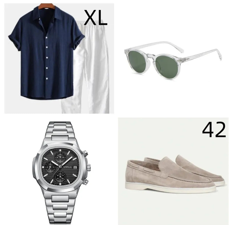 Cotton linen short sleeve casual suit set in navy blue with matching accessories for summer beachwear