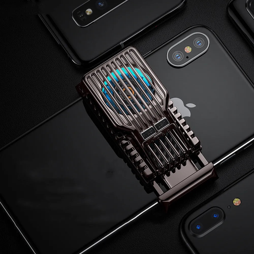 Black mobile phone radiator clip cooler with aluminium heatsink attached to smartphone