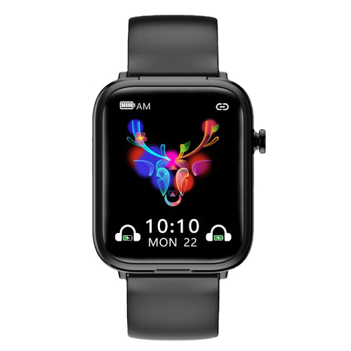 Black zinc alloy smartwatch with 1.69-inch touchscreen and wireless earpieces in charging case.