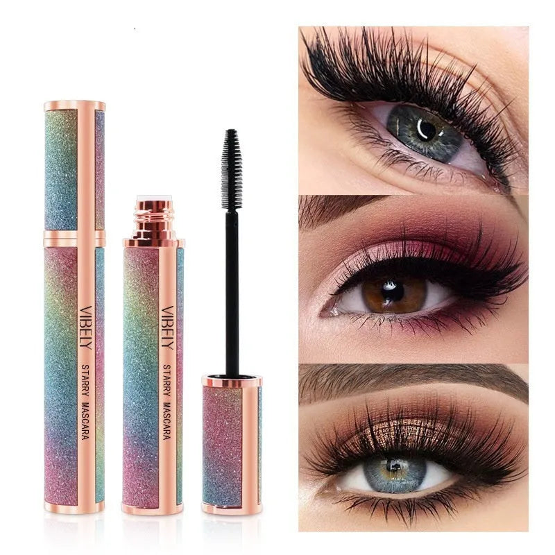 4D waterproof black mascara tube showing curling applicator for long thick lashes