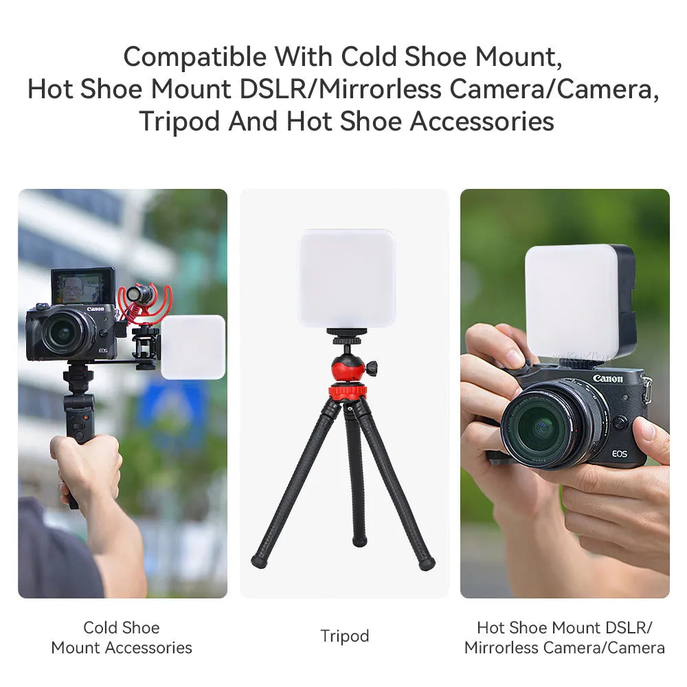 LED mini square pocket light tripod flash unit showing compact 7.3x2.8x8.4 cm dimensions and multiple attachment configurations