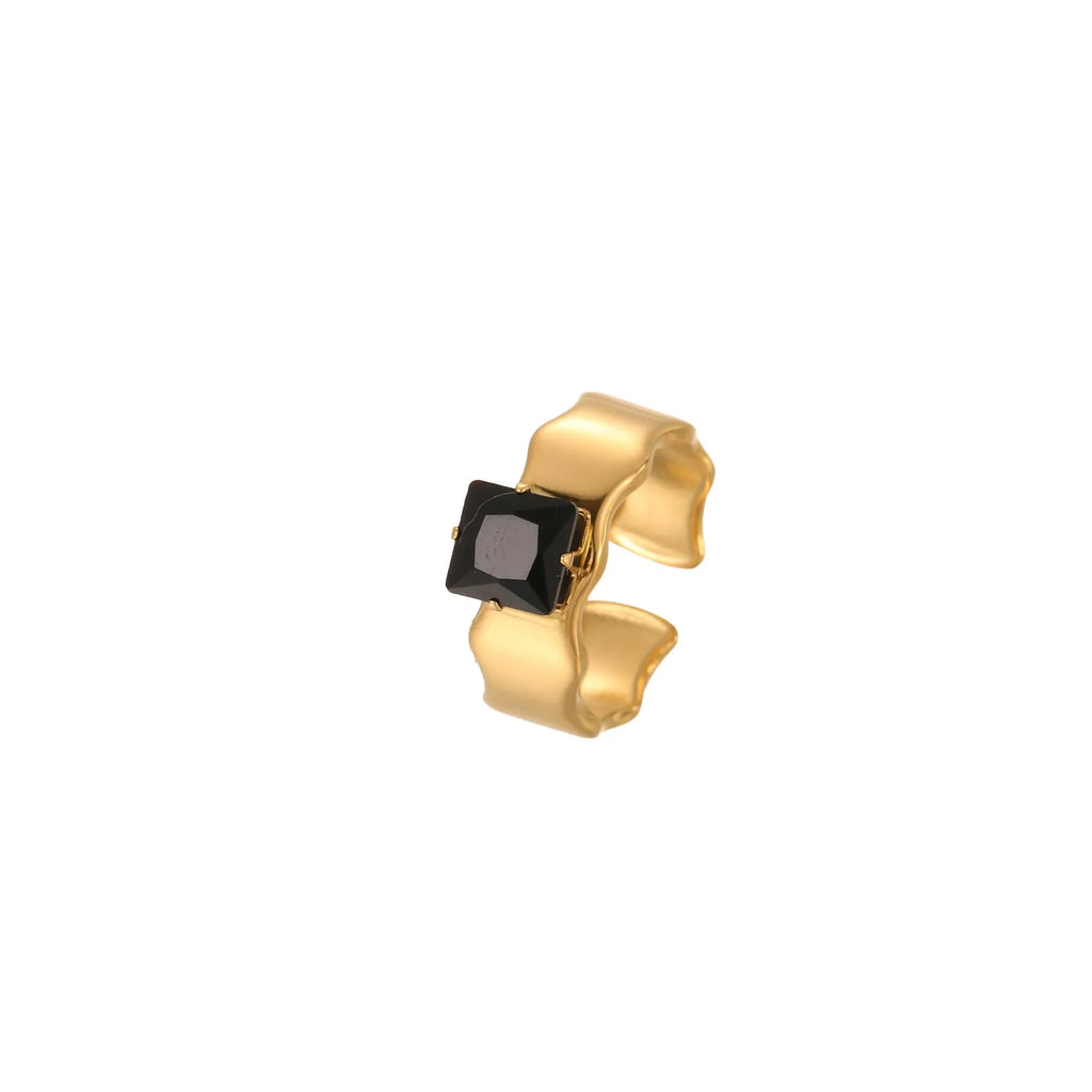 Adjustable open mouth women's ring with geometric design and zircon accents on stainless steel band