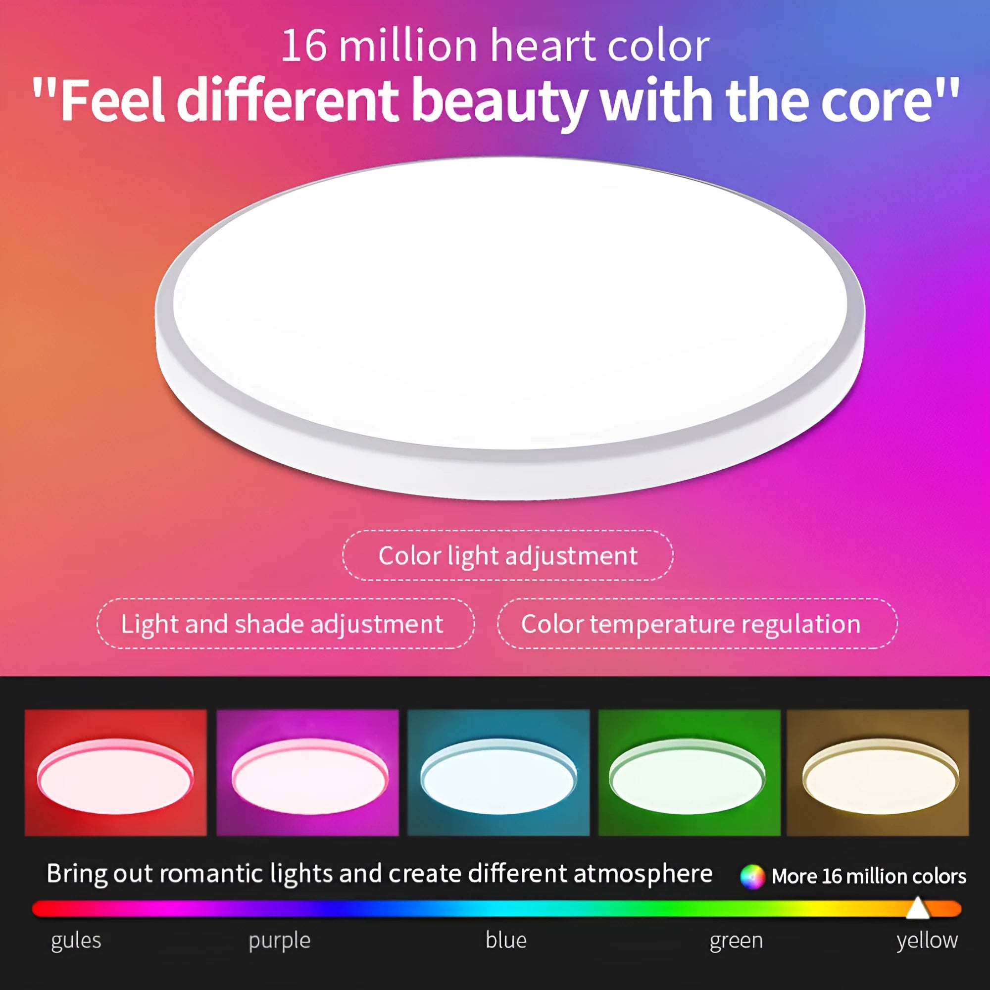 RGBCW intelligent Bluetooth ceiling lamp with full colour dimming and temperature control in black or white finish