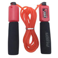 Adjustable skipping rope with blue foam handles and heavy-duty PVC cable on a grey background
