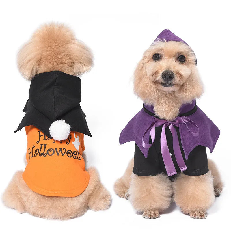 Halloween pumpkin two-piece dog sweater and shawl set in black and orange colours