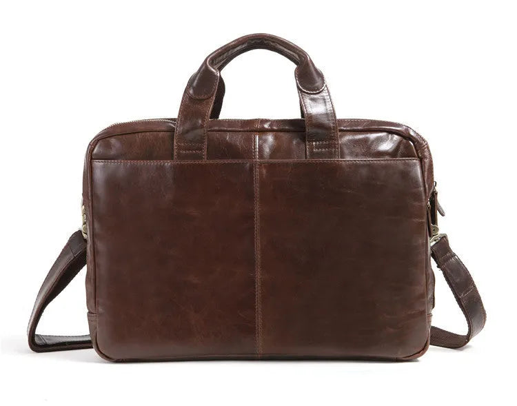 Brown 18-inch first layer cowhide business briefcase with laptop compartment and polyester cotton lining