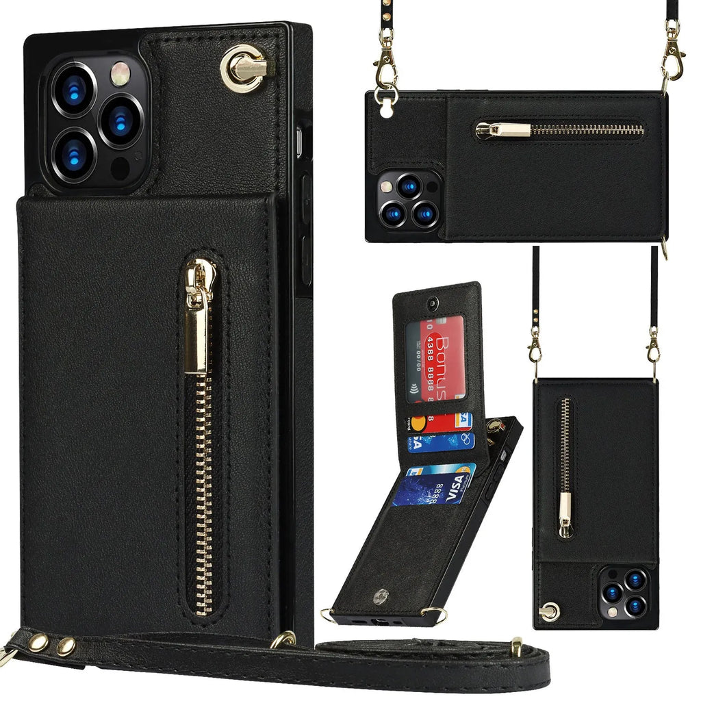 Black leather-back mobile phone case shown next to a green and purple version for iPhone and Samsung models.