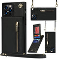 Black leather-back mobile phone case shown next to a green and purple version for iPhone and Samsung models.