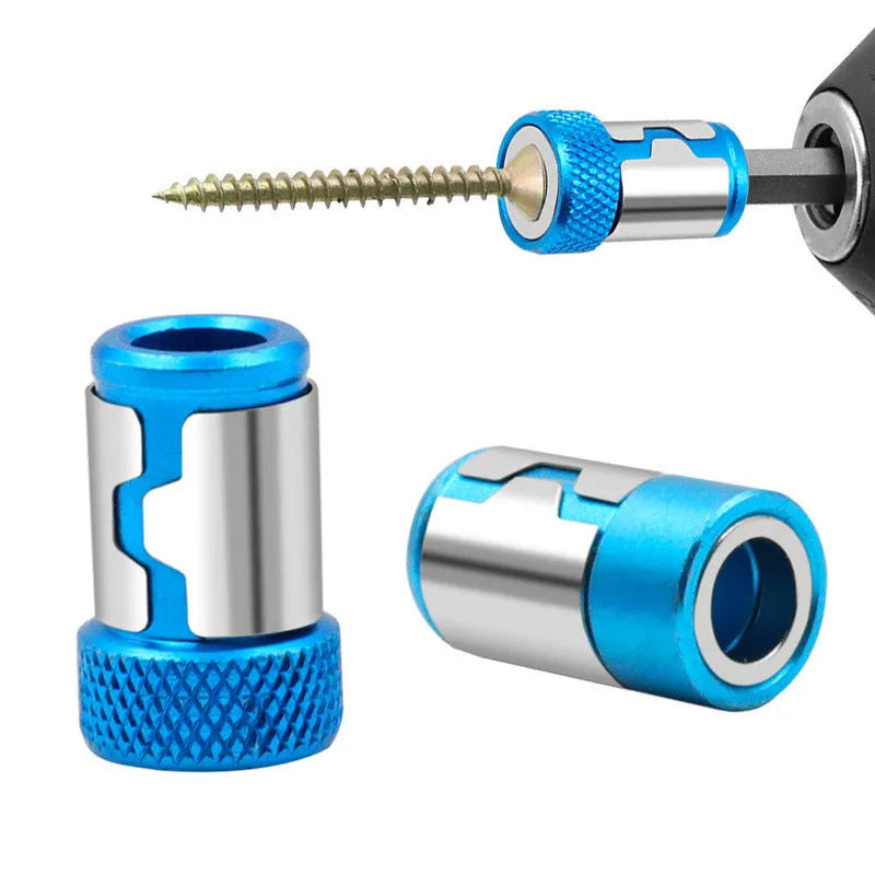 Light blue screwdriver bit with magnetic ring for slotted screw assembly
