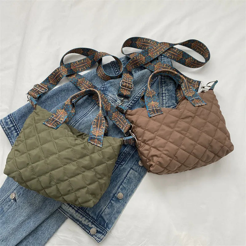 Soft Oxford cloth shoulder messenger bag with embroidery design and internal phone pocket in horizontal square shape