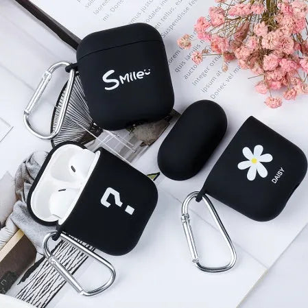 Apple AirPods earphone cover cases in PC plastic with decorative flower and smiley face designs