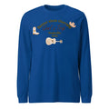 Blue men's loose round neck casual sweater with printed letter patterns on the front.