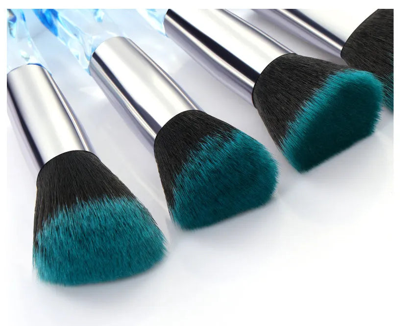 Set of ten crystal-handled foundation brushes with synthetic fibre heads in four colour options