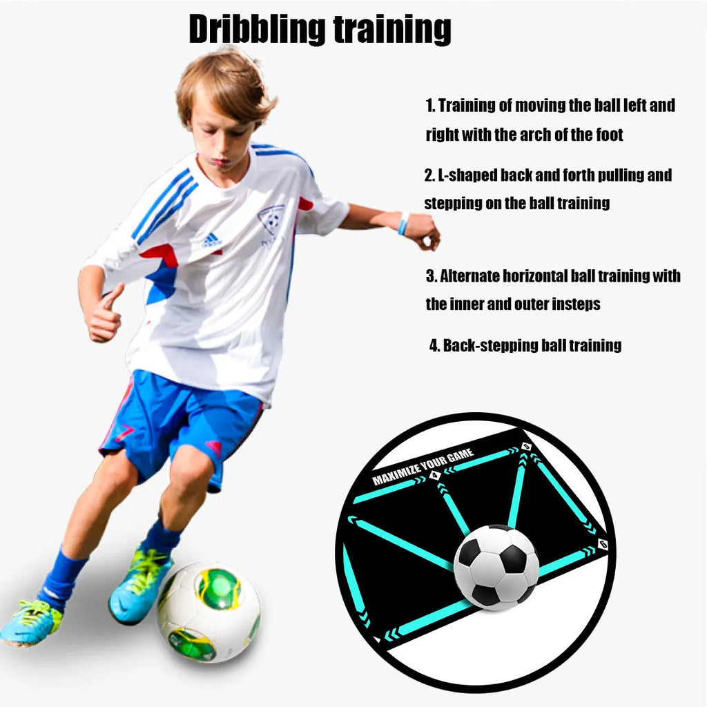 Black football training mat measuring 60 by 90 centimetres with non-slip base