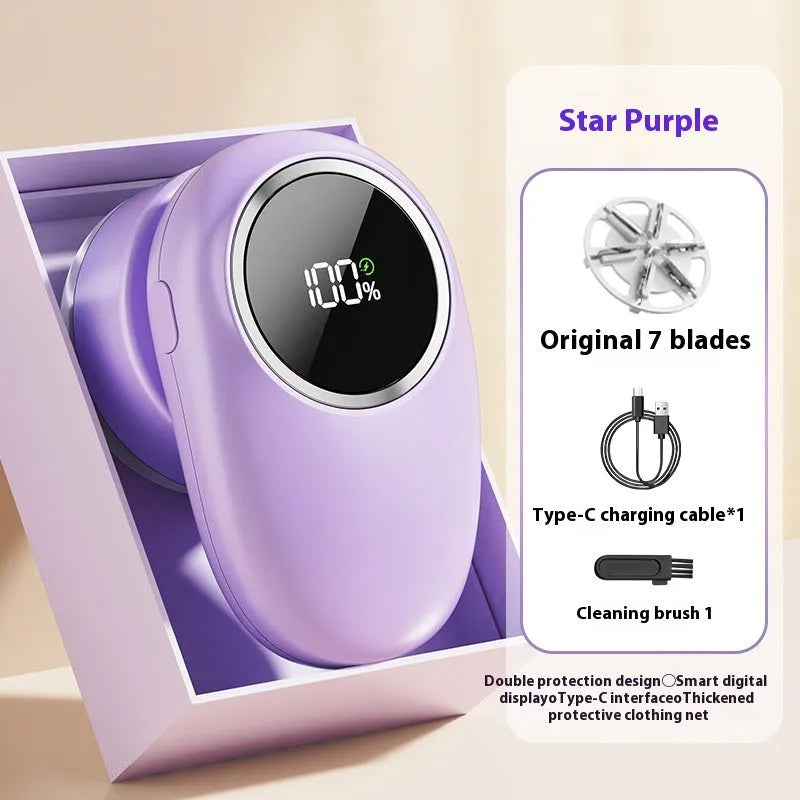 Digital fur ball trimmer with lint roller function in purple colour showing four cutter head configuration