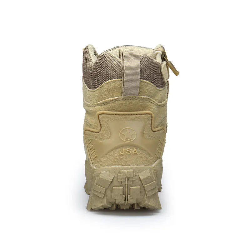 Men's black tactical boots with velvet and leather upper and rubber sole for outdoor sports