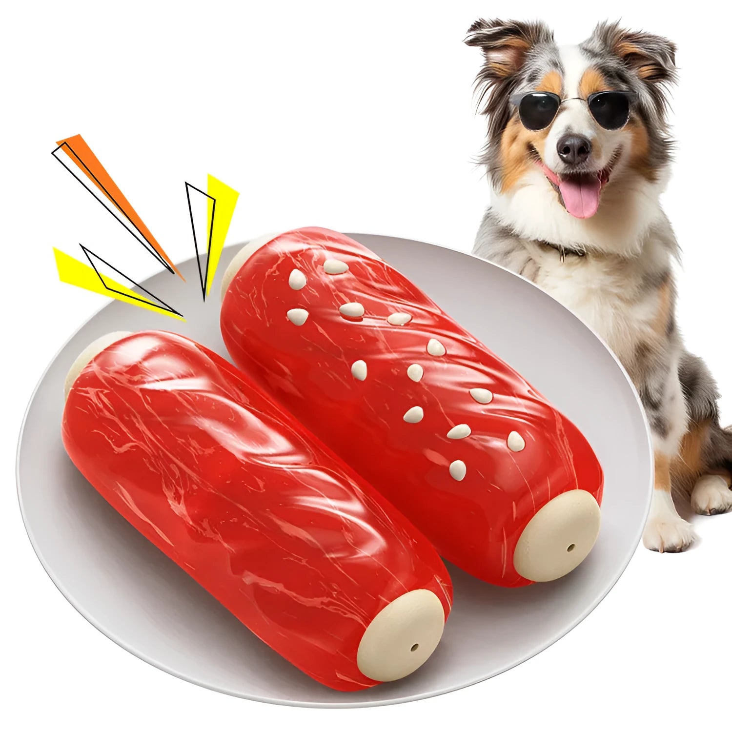 Primary colour plastic dog chew toy with hollow centre and molar-textured rod shape