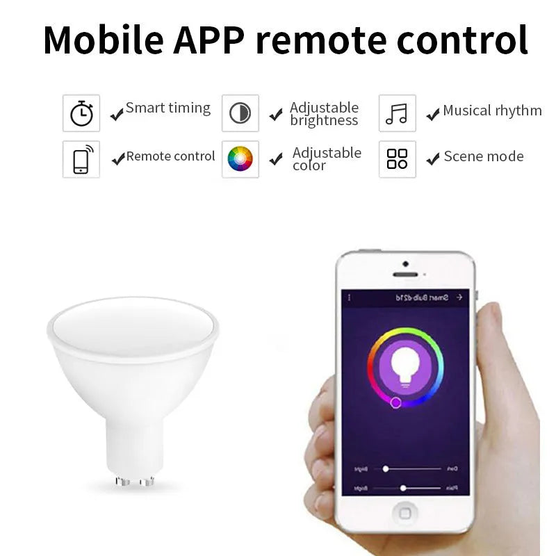 Smart RGBCCT GU10 spotlight with 5W LED, 50mm diameter, WiFi connectivity for voice control
