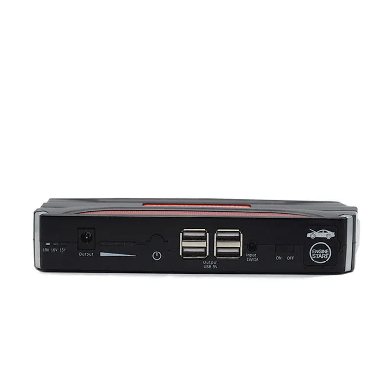 Black and red portable vehicle jump starter with 7800mAh battery capacity for emergency car starting