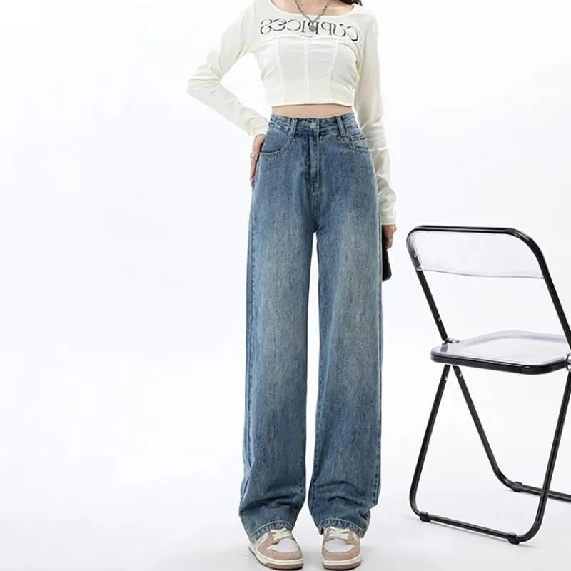 Women's retro blue high waist wide leg jeans with straight leg design and spandex denim fabric