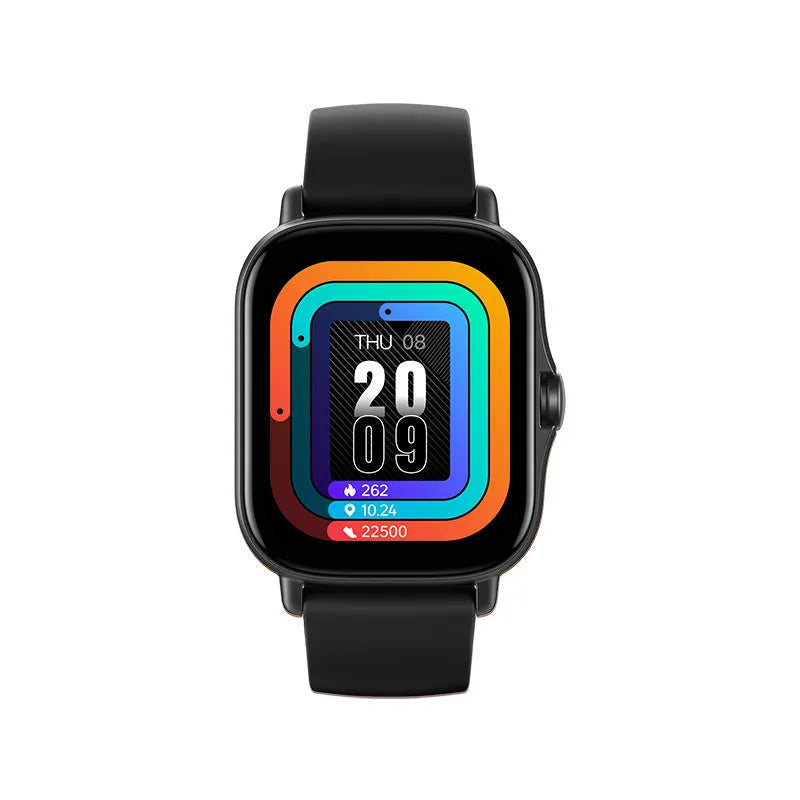 GT20 smart watch with black alloy case and silicone strap showing heart rate monitoring on screen