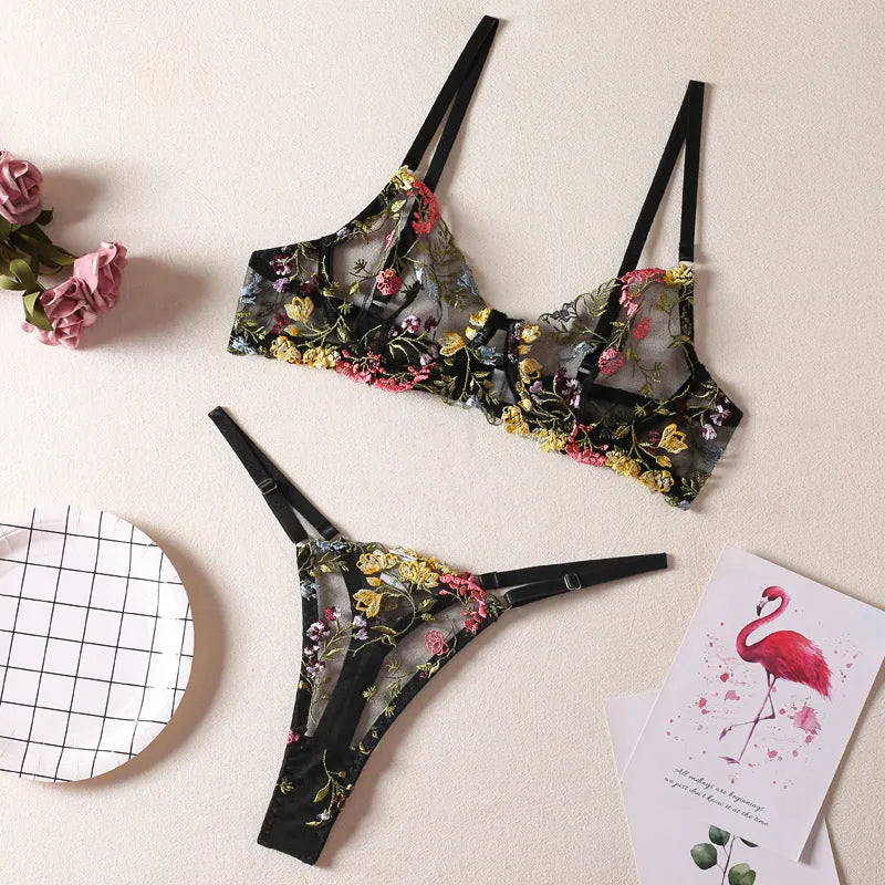 Floral mesh bra with steel rings and T-back design in five colour options