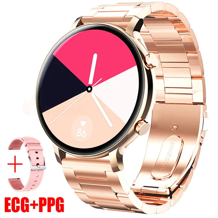 Stainless steel Bluetooth calling smartwatch with genuine leather strap showing screen display