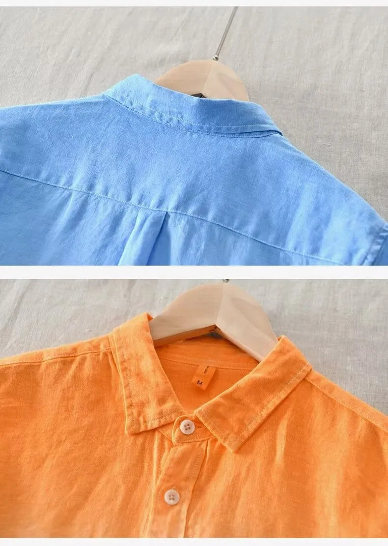 Men's casual loose top coat in polyester hemp blend available in dark blue, light blue, and yellow colours