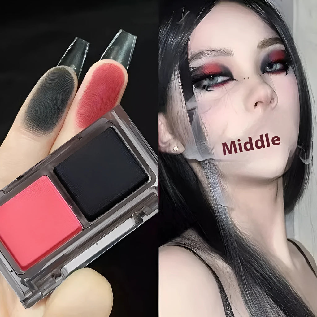 Two-tone eye shadow cosmetic plate showing matte and shimmer sections in pink and black colour combination