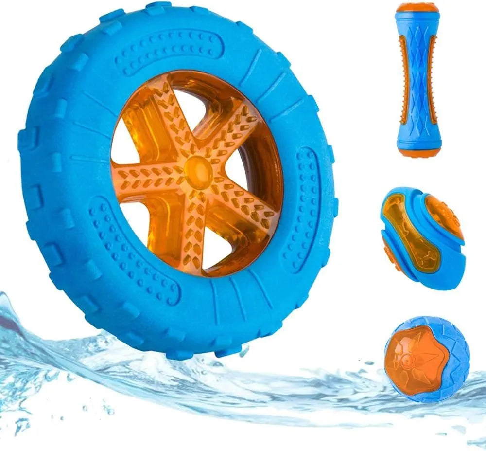 Three TPR floating dog toys: ball, barbell and tyres with bumpy texture for water fetch games