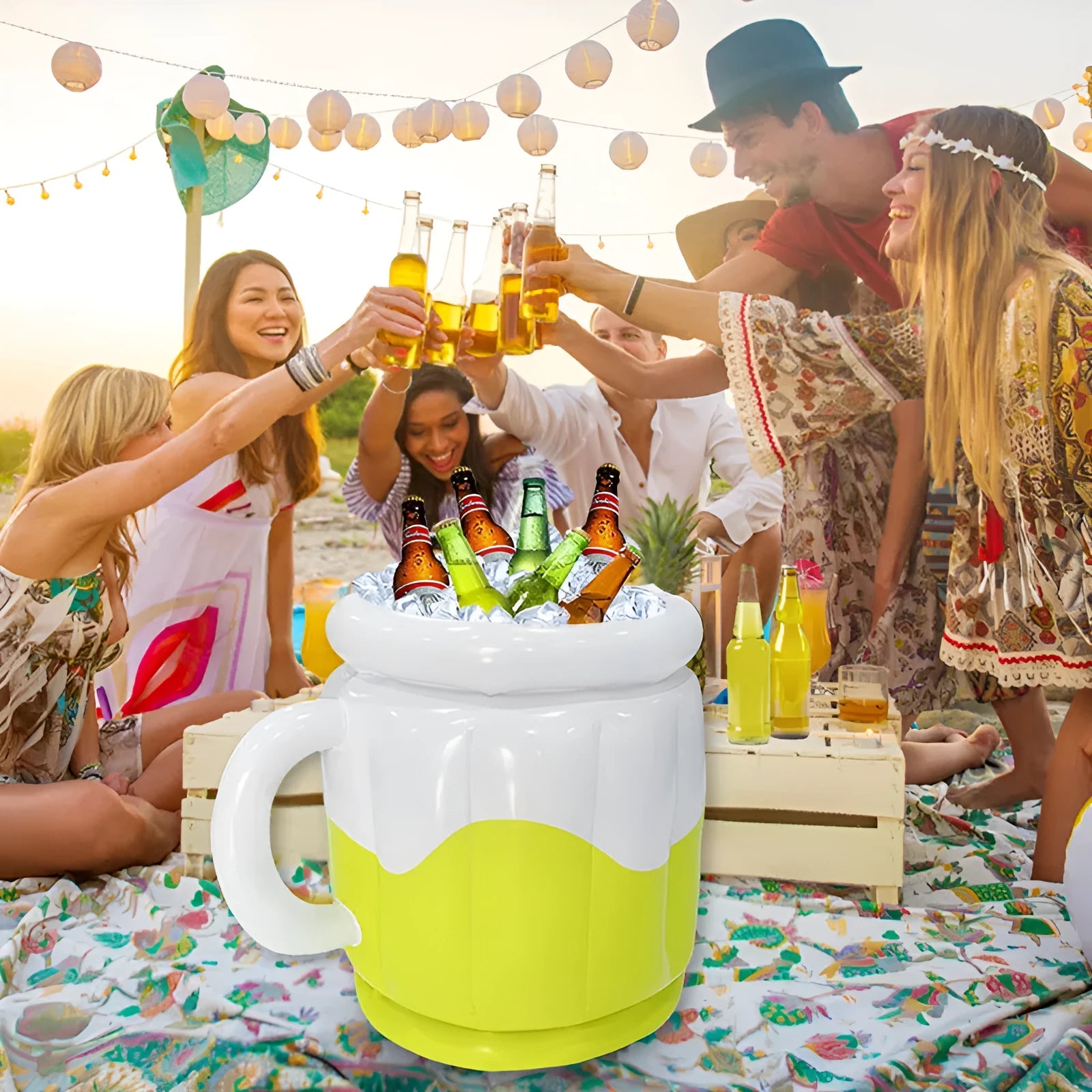 Yellow inflatable PVC ice bucket designed for beer steins, shown deflated and inflated
