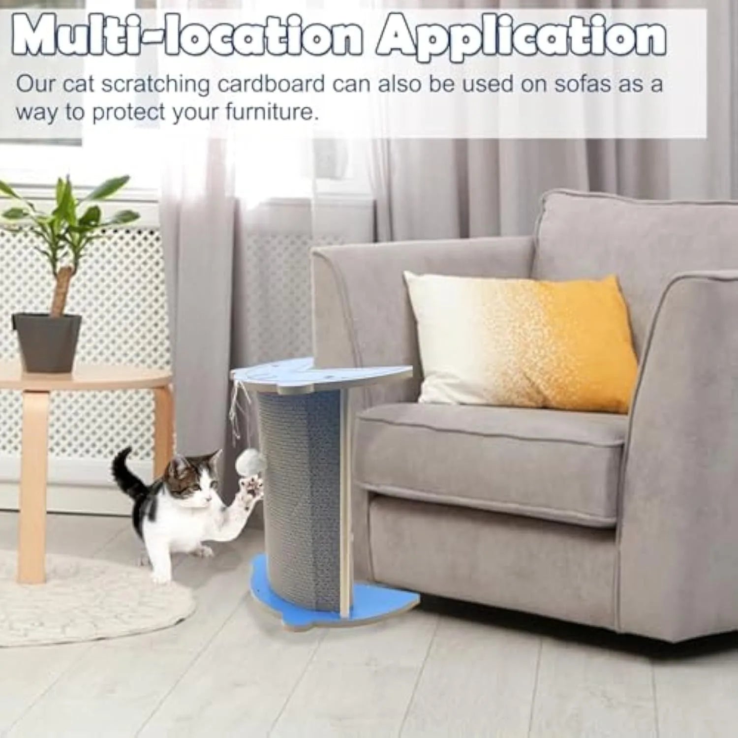 Grey cat corner scratcher with hanging ball mounted in a room corner.