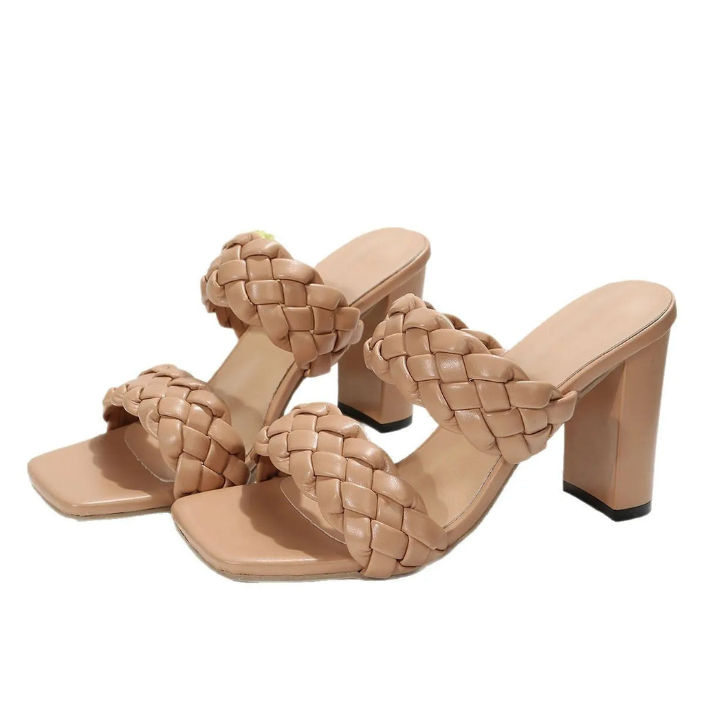 Square toe flip-flops with chunky heel and woven twisted design in apricot colour